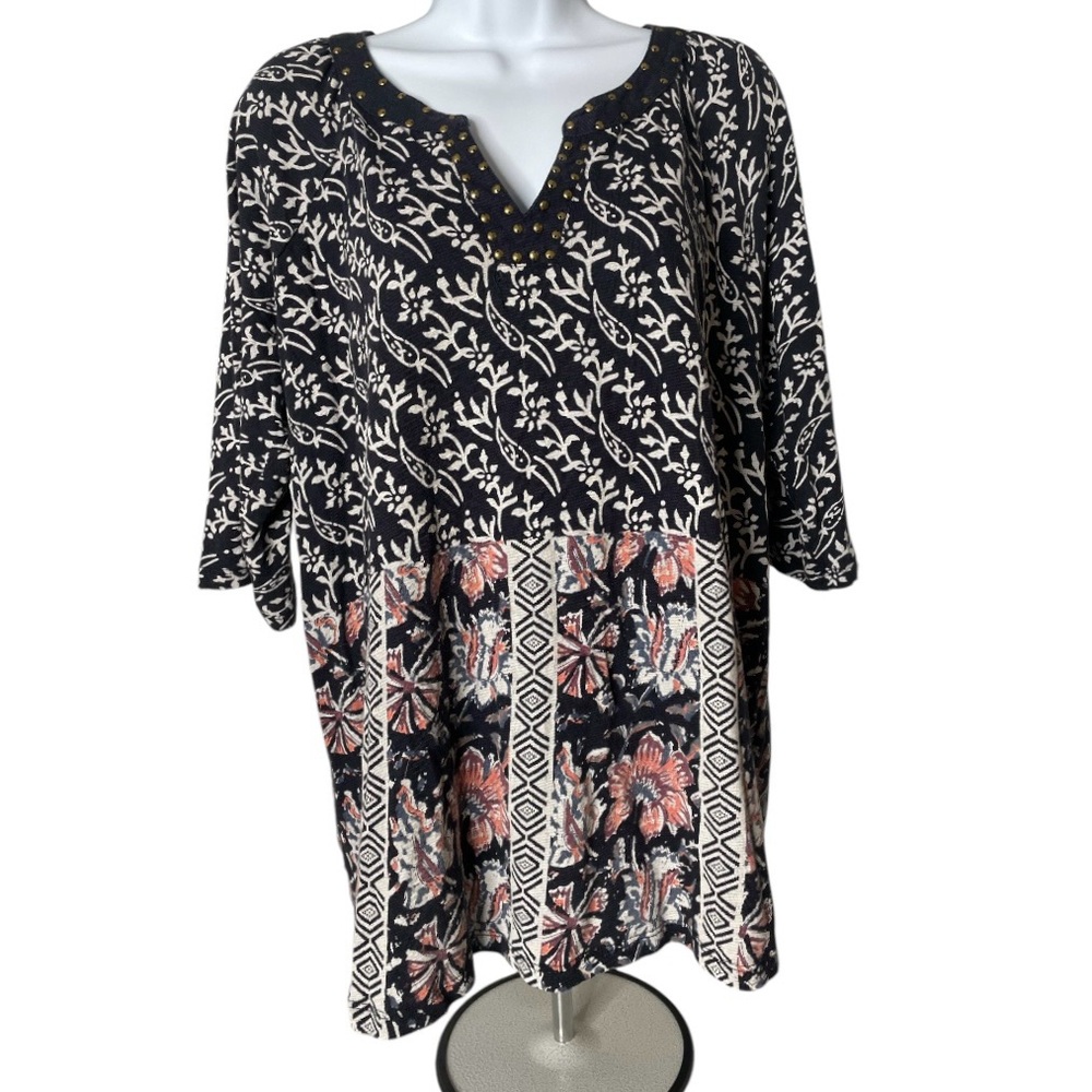 Lucky Brand Boho Floral 3/4” Sleeves Top Stud Detail Sz 1X